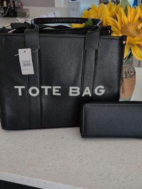 Black Tote Bag with Matching Wallet - 'TOTE BAG' Print.With Strap New